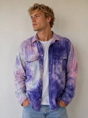 Orvis Button Down Cotton Shirt Size Medium Long Sleeve Tie Dye Purple Pink